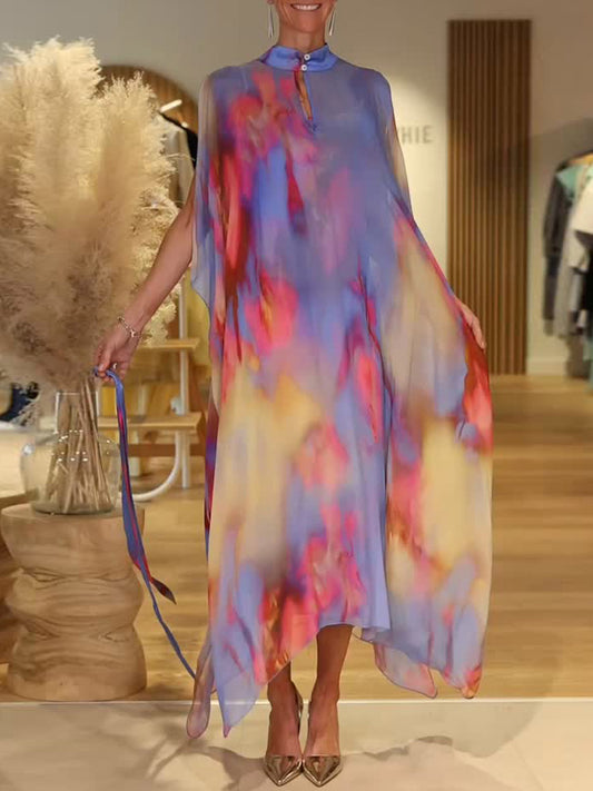 🔥Summer Arrivals🌟Women's Colorful Tie-Dye Stand Collar Sleeveless Casual Loose Chiffon Dress