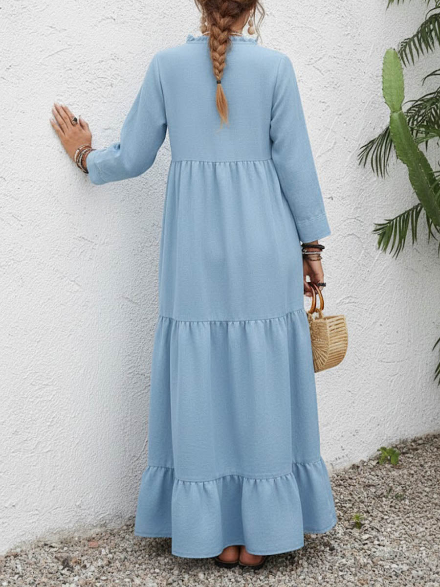 🔥Summer Arrivals🌟Women's Solid Color Round Neck Long Sleeve Casual Loose Cotton Linen Dress