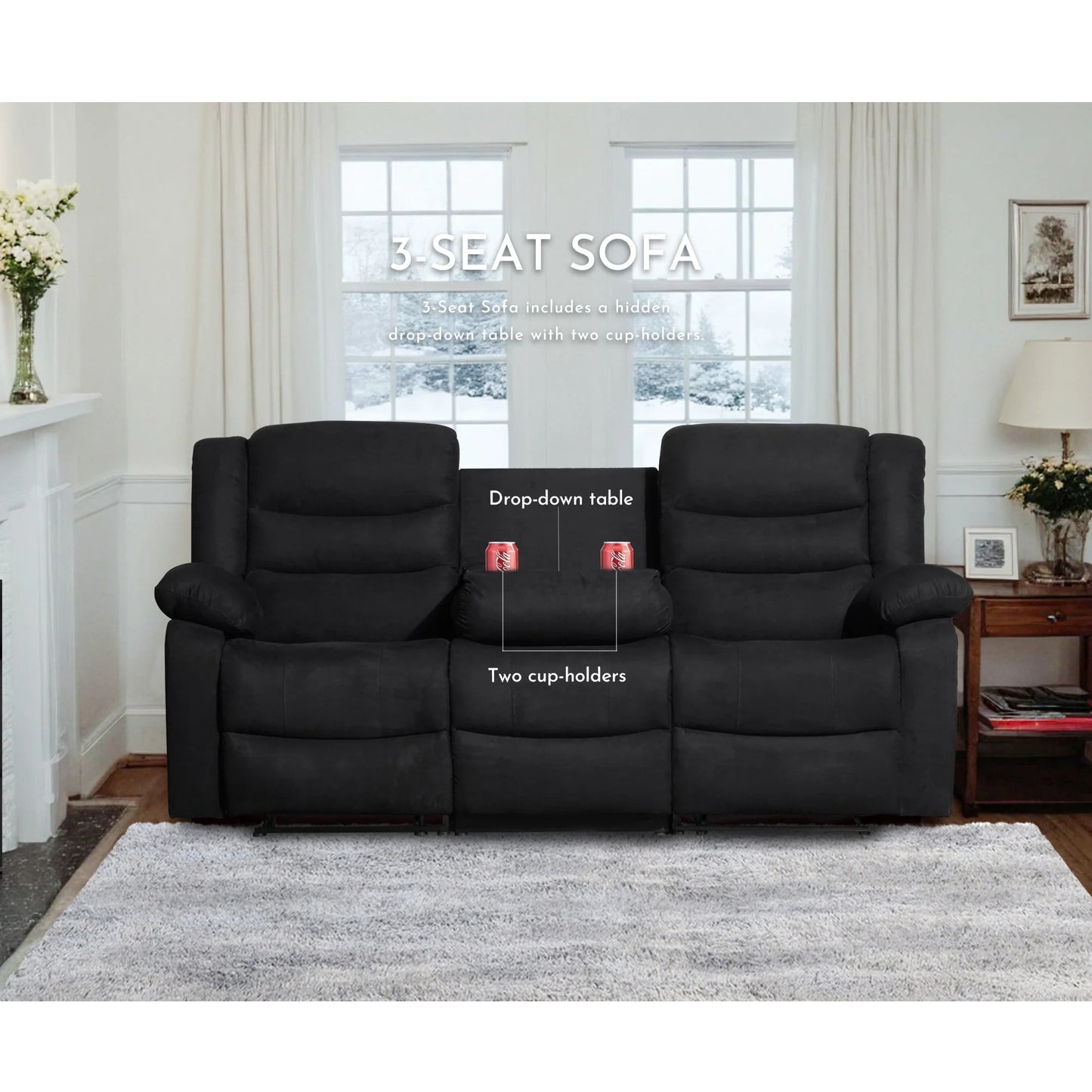 Modern 3-Piece Manual Reclining Living Room Sofa Set with Dropdown Table and Console