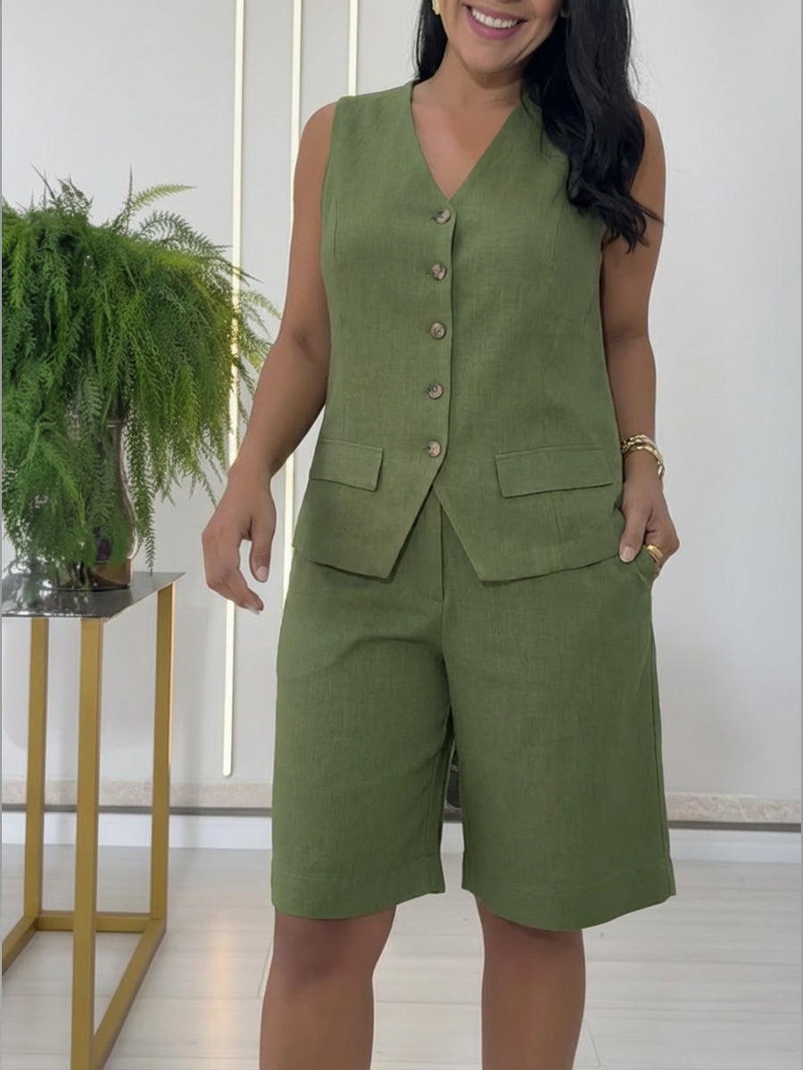 🔥Summer Arrivals🌟Casual Linen And Cotton Vest And Bermuda Shorts Two-piece Set