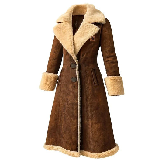 🔥𝗖𝗹𝗲𝗮𝗿𝗮𝗻𝗰𝗲 𝗦𝗮𝗹𝗲🌟Women's Vintage Western Cowgirl Brown Suede Fleece Lapel Long Shearling Jacket Coat