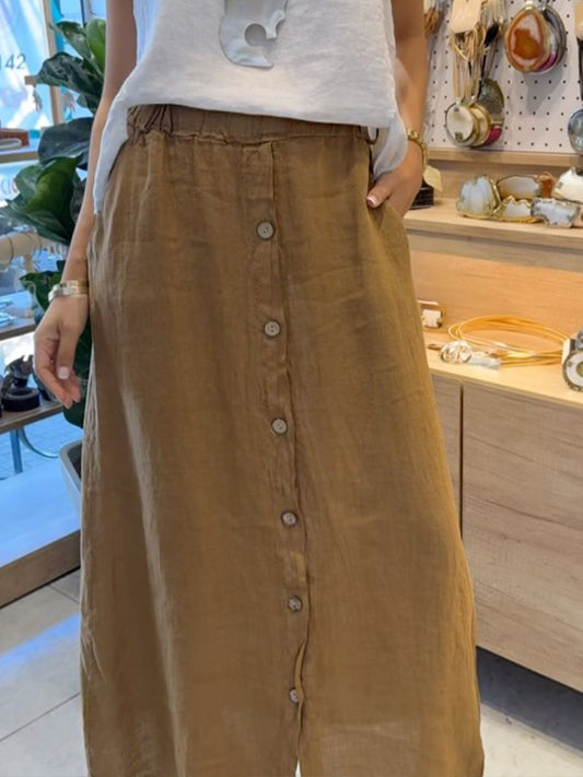 🔥Summer Arrivals🌟Women's Solid Color Elastic Waist Buttons Casual Pockets Linen Skirt
