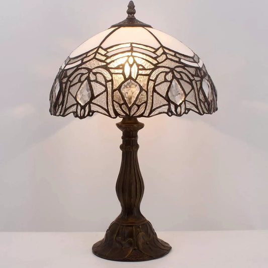 Tiffany Lamp Table White Stained Glass Bedside Lamp Living Room Bedroom Luxurious Desk Reading Light 18" Tall Coffee Bar Library Banker Memory Sympathy Vintage Victorian