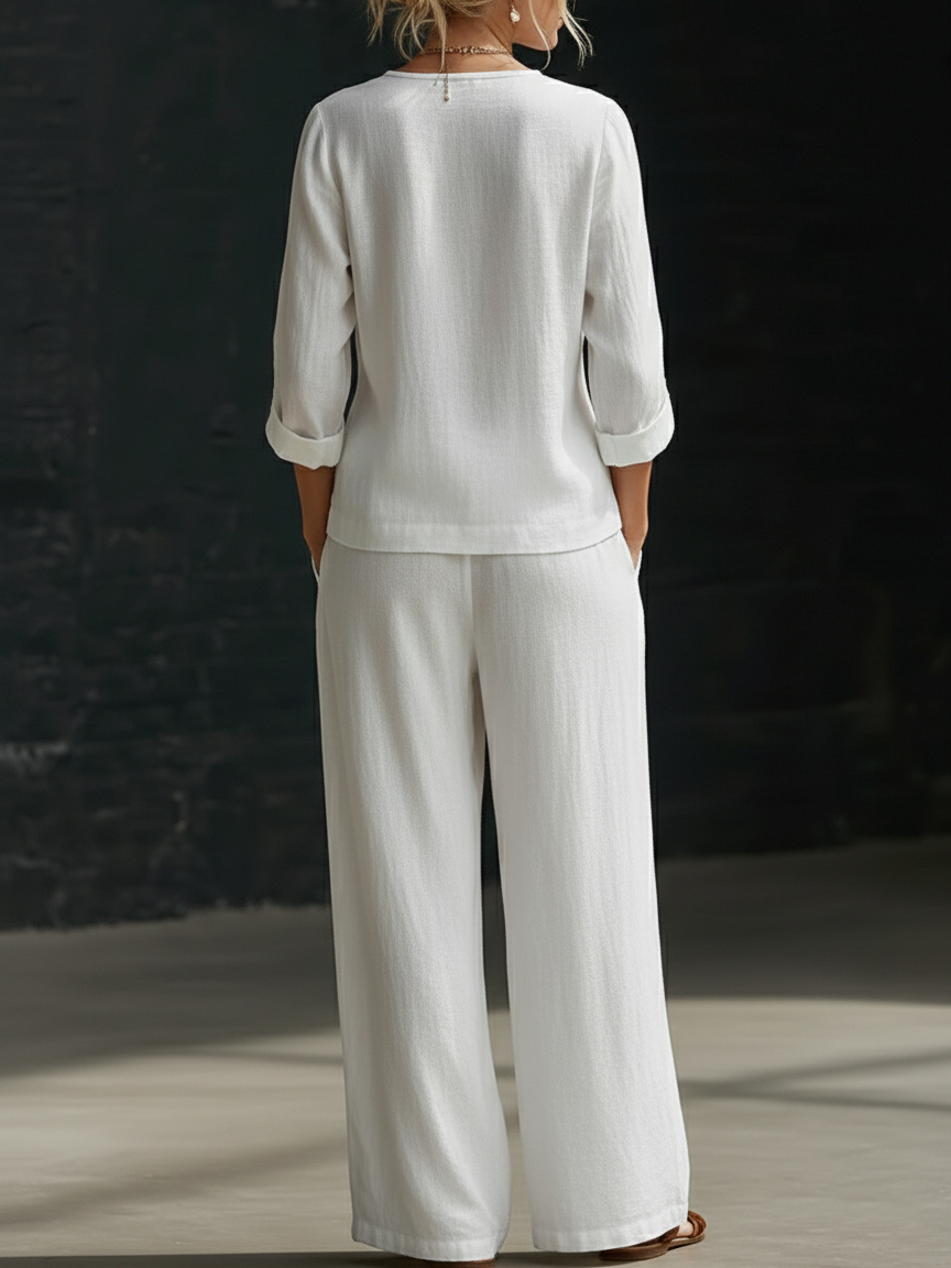 🔥Summer Arrivals🌟Minimalist V-neck Shirt And Wide-leg Pants Two-piece Set