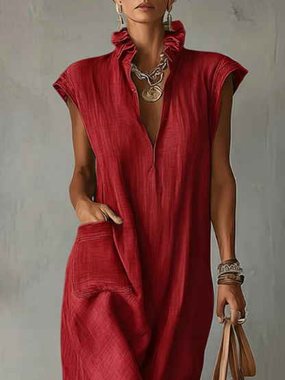 🔥Summer Arrivals🌟Women’s Ruffle Collar Cotton Linen Midi Dress – Elegant Summer Dress