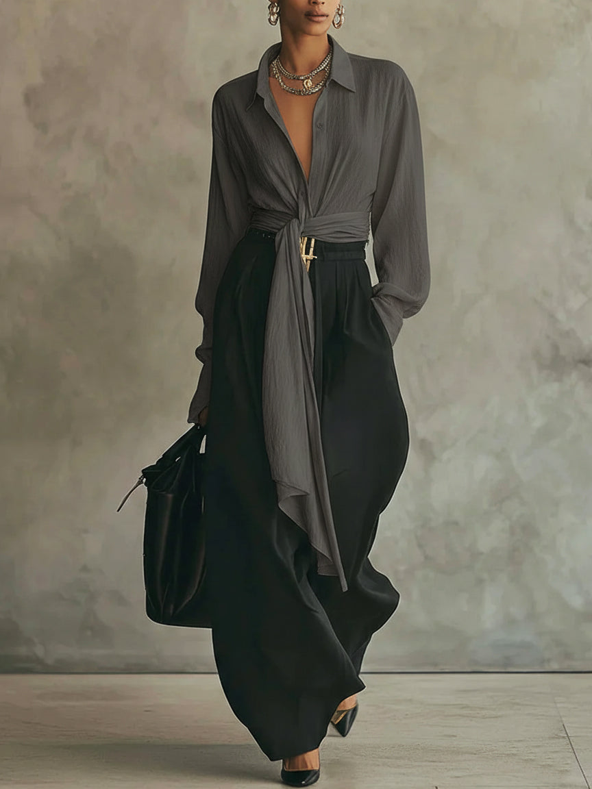 🔥Summer Arrivals🌟Elegant Minimalist Tie Shirt And Wide-leg Pants Two-piece Set