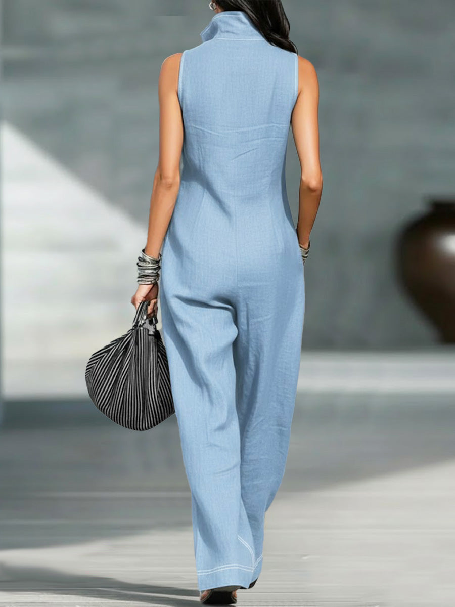 🔥Summer Arrivals🌟Women's Stand-collar Sleeveless Casual Loose Cotton And Linen Jumpsuit