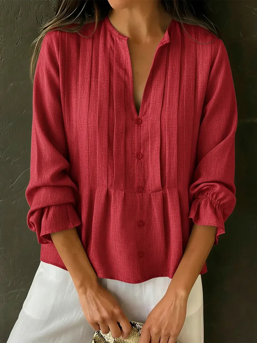 🔥Summer Arrivals🌟Women's Solid Color Cotton And Linen Pleated Top