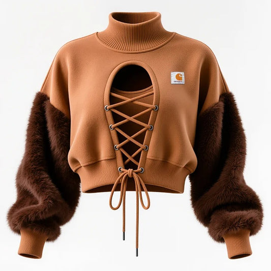 🔥𝗖𝗹𝗲𝗮𝗿𝗮𝗻𝗰𝗲 𝗦𝗮𝗹𝗲🌟Women's Vintage Brown High-Neck Sweatshirt With Lace-Up Detail And Fur Sleeves