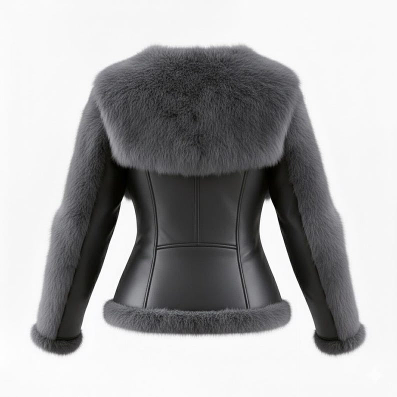 🔥𝗖𝗹𝗲𝗮𝗿𝗮𝗻𝗰𝗲 𝗦𝗮𝗹𝗲🌟Handmade Black Leather Bomber Jacket, Grey Faux Fur Trim, Slim Fit