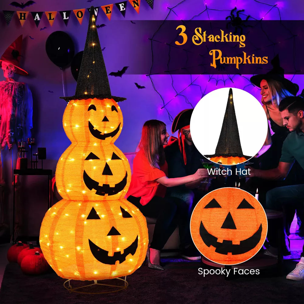 Tangkula Halloween Light Up Pumpkin Decoration Stacked Pumpkins with Witch Hat Build-in LED Lights Pop Up Jack-o-Lantern