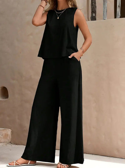 🔥Summer Arrivals🌟Women's Casual Crew Neck Top And Wide-leg Pants Set