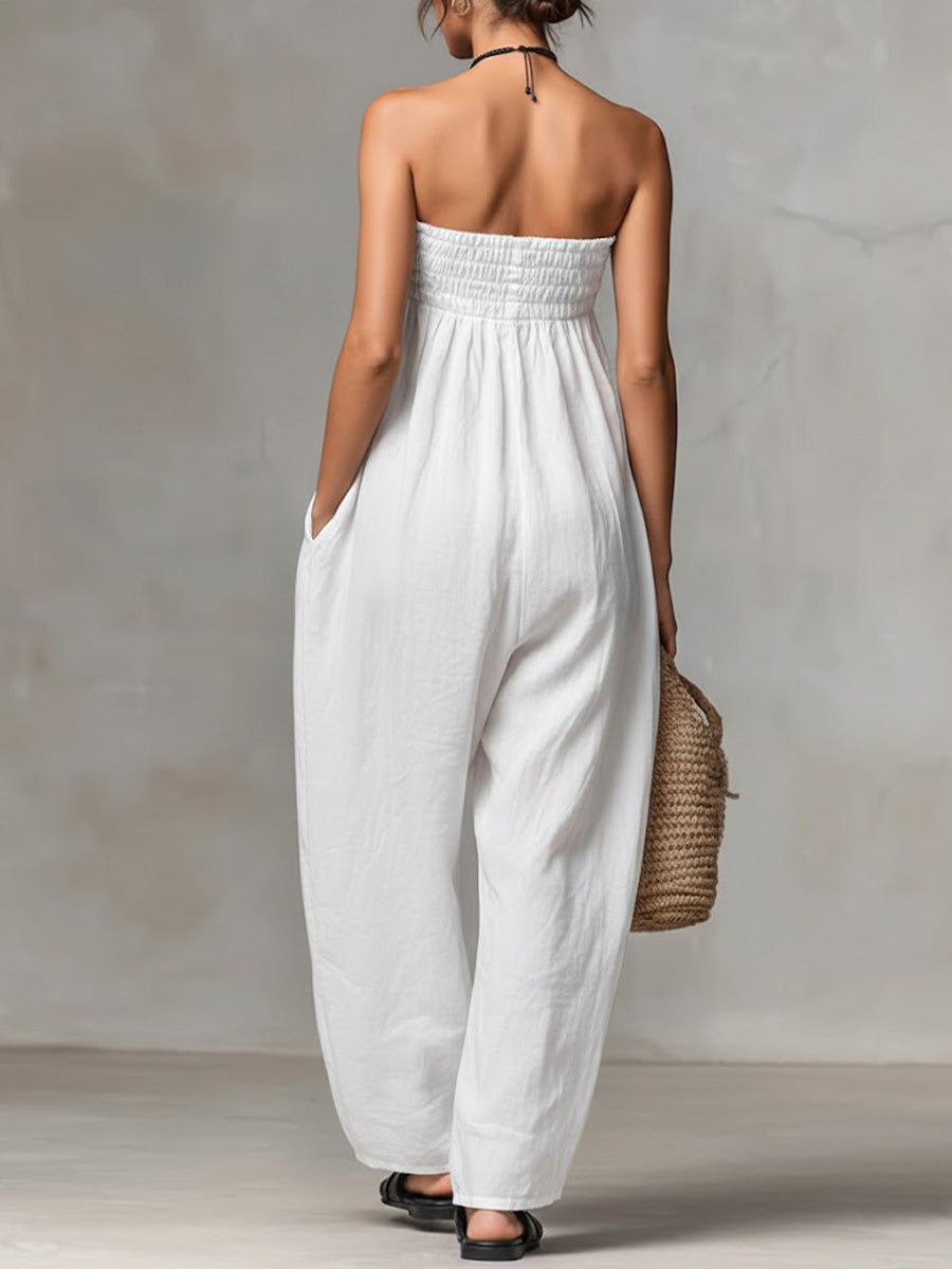 🔥Summer Arrivals🌟Women's Solid Color Strapless Casual Loose Cotton And Linen Jumpsuit