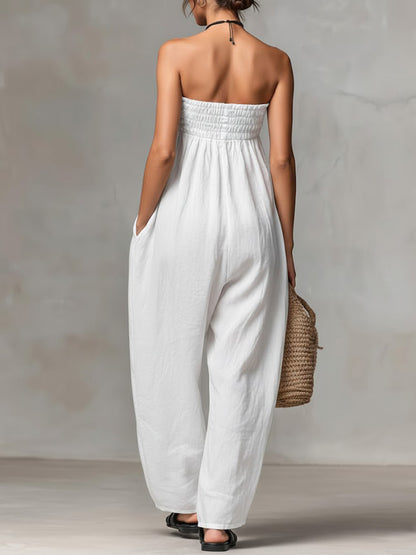 🔥Summer Arrivals🌟Women's Solid Color Strapless Casual Loose Cotton And Linen Jumpsuit