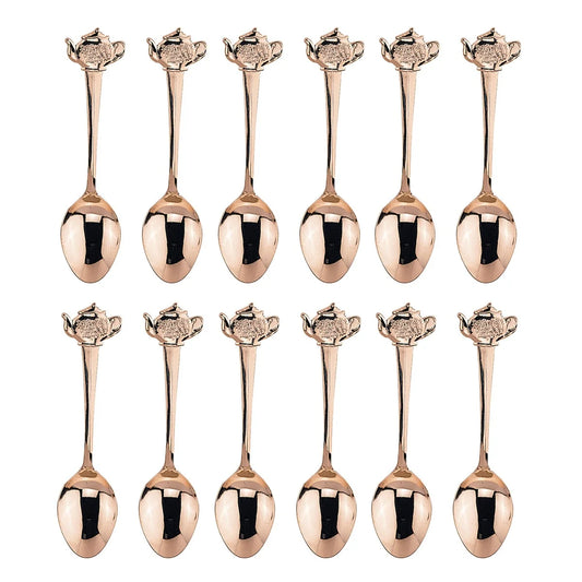 Fino Demi Spoon Set, Teapot Design, Gold Plated Stainless Steel, Set of 12