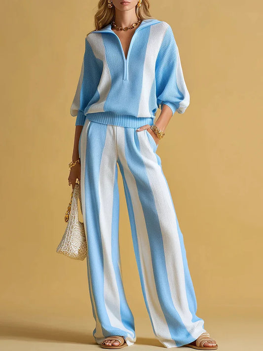 🔥Summer Arrivals🌟Women's Striped Print Cardigan Collar Three-quarter Sleeve Knitted Top And High-waisted Casual Loose Wide-leg Pants Knitted Set.