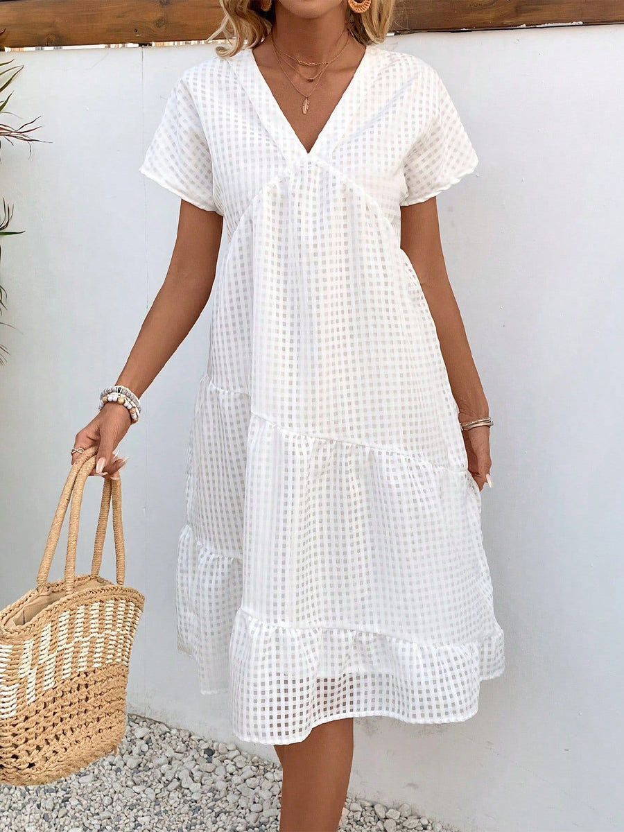 🔥Summer Arrivals🌟Women's Short-sleeved V-neck Hollow Mesh Dress