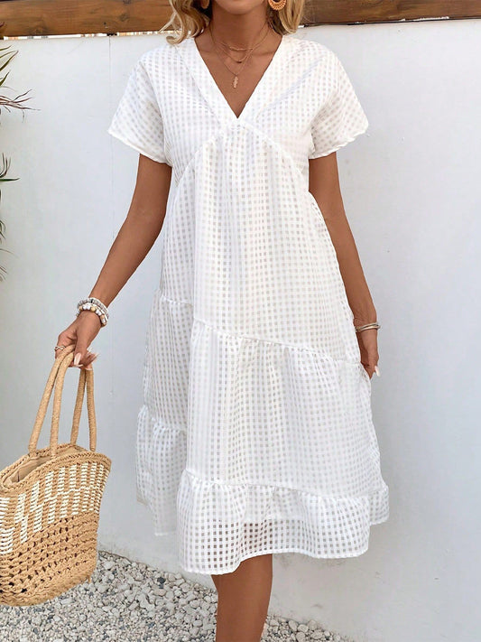 🔥Summer Arrivals🌟Women's Short-sleeved V-neck Hollow Mesh Dress