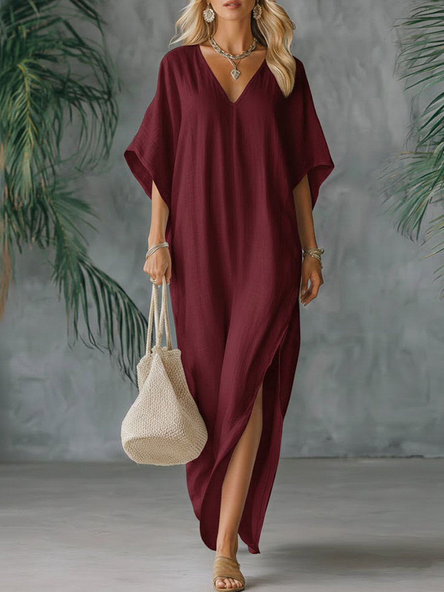 🔥Summer Arrivals🌟Women's Solid Color V-neck 3/4 Sleeve Casual Loose Cotton And Linen Dress