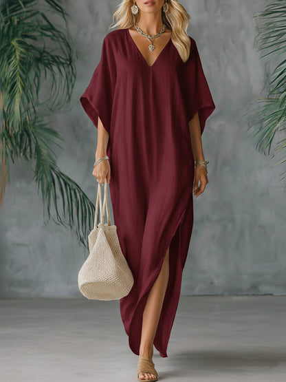 🔥Summer Arrivals🌟Women's Solid Color V-neck 3/4 Sleeve Casual Loose Cotton And Linen Dress