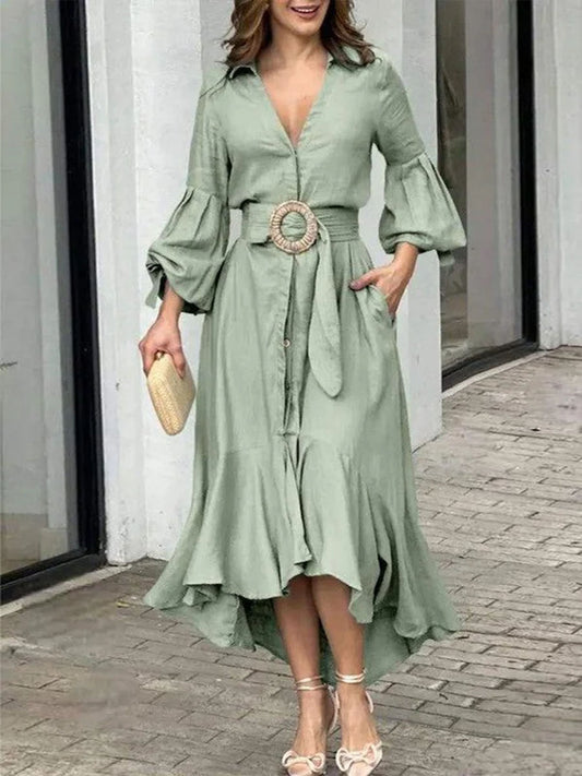 🔥Summer Arrivals🌟Women's Solid Color V-neck Long Sleeve Casual Loose A-line Dress