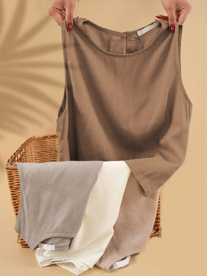 🔥Summer Arrivals🌟Women's Solid Color Round Neck Sleeveless Casual Linen Vest Top