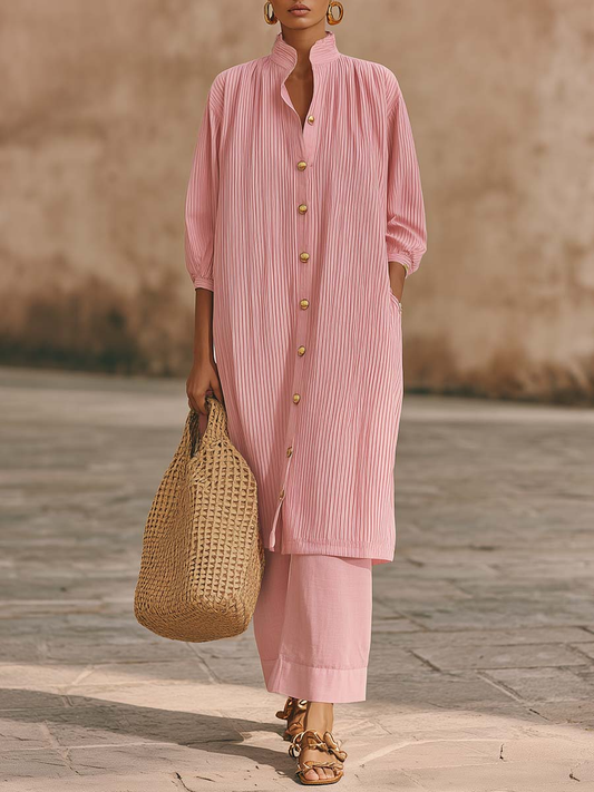 🔥Summer Arrivals🌟Elegant Metal Button Longline Shirt And Pants Set