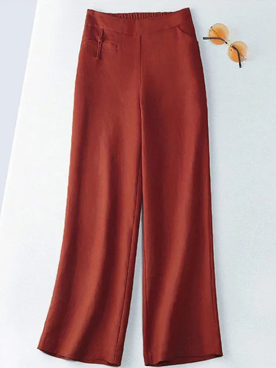 🔥Summer Arrivals🌟Women's Solid Color Button Half Elastic High Waist Casual Cotton and Linen Wide Leg Pants