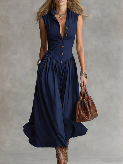 🔥Summer Arrivals🌟Women's Solid Color Collared Sleeveless Casual Loose Cotton Linen Dress