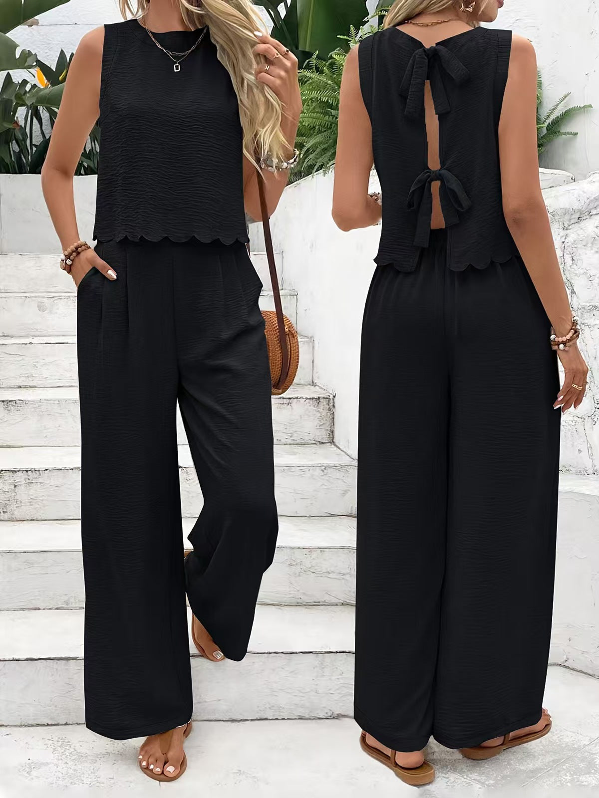 🔥Summer Arrivals🌟Women's Casual Round Neck Lace-up Top And Wide-leg Pants Set