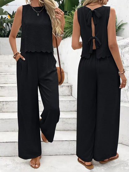 🔥Summer Arrivals🌟Women's Casual Round Neck Lace-up Top And Wide-leg Pants Set