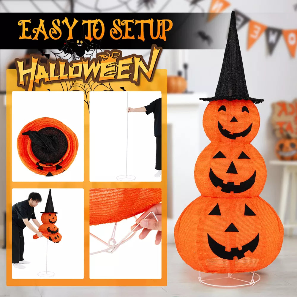 Tangkula Halloween Light Up Pumpkin Decoration Stacked Pumpkins with Witch Hat Build-in LED Lights Pop Up Jack-o-Lantern