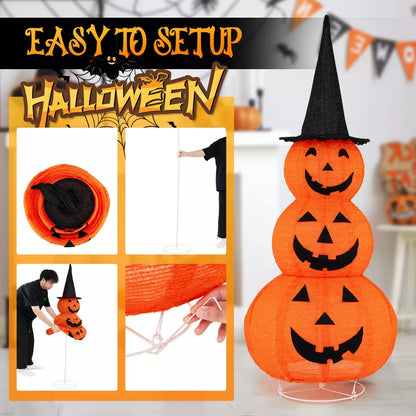 Tangkula Halloween Light Up Pumpkin Decoration Stacked Pumpkins with Witch Hat Build-in LED Lights Pop Up Jack-o-Lantern
