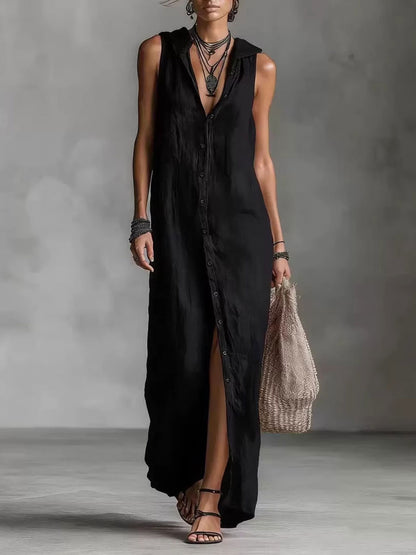 🔥Summer Arrivals🌟Women's Retro Hooded Solid Color Long-sleeved Cotton Linen Dress
