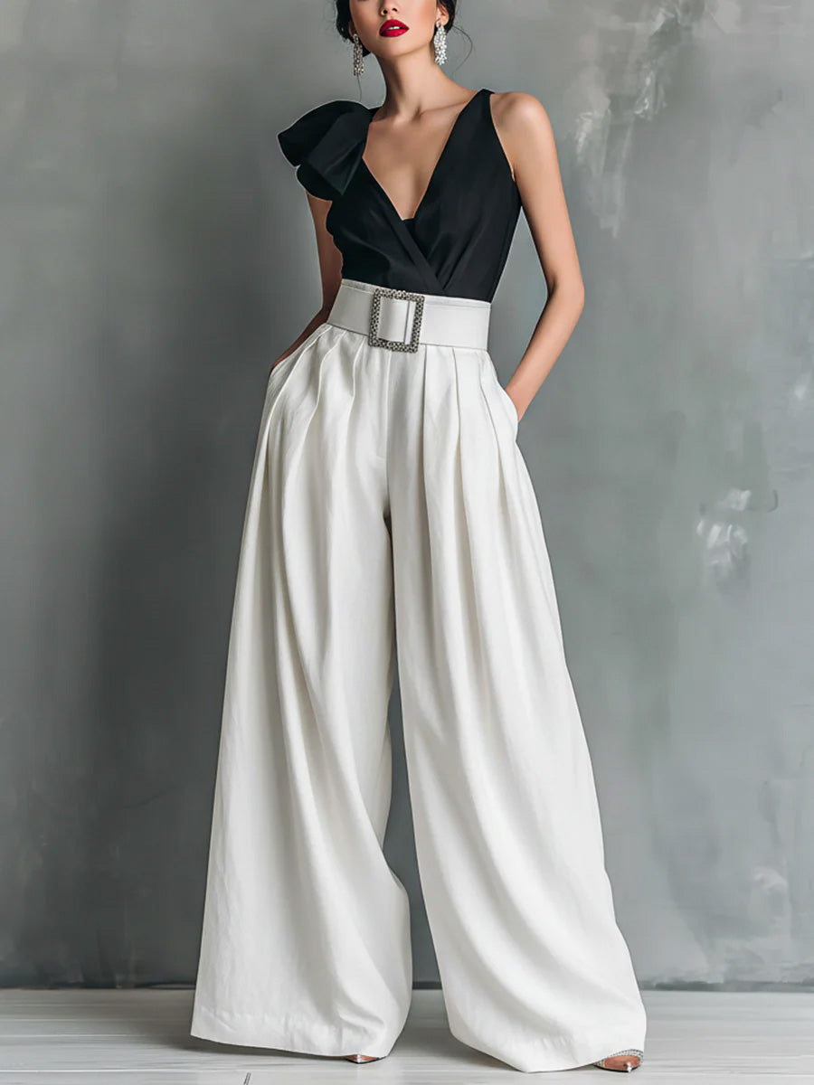 🔥Summer Arrivals🌟Women's Solid Color High-waisted Casual Loose Cotton Wide-leg Pants