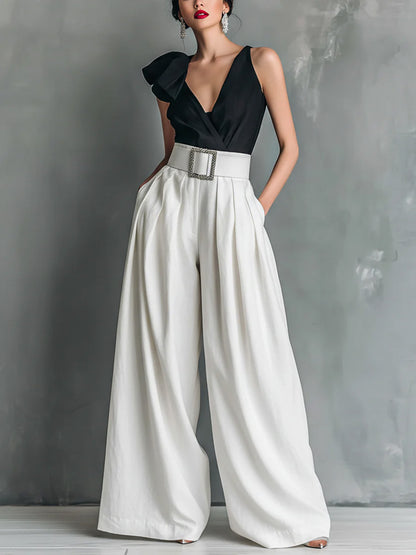 🔥Summer Arrivals🌟Women's Solid Color High-waisted Casual Loose Cotton Wide-leg Pants