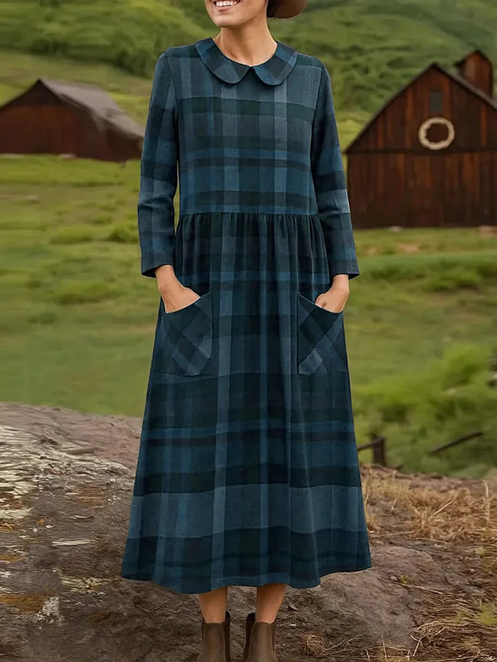 🔥Summer Arrivals🌟Women's Plaid Print Peter Pan Collar Long Sleeve Casual Loose Dress