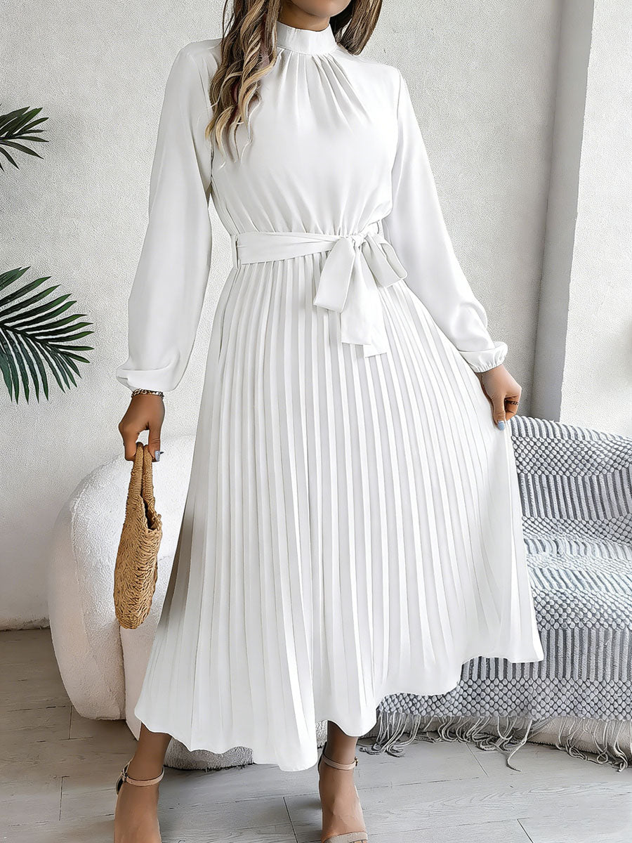 🔥Summer Arrivals🌟Women's Stand-up Collar Long-sleeved Lace Up Pleated Dress