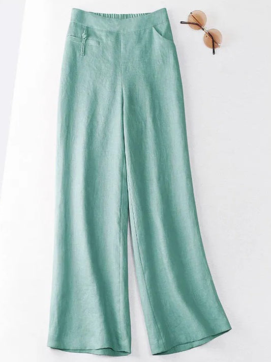 🔥Summer Arrivals🌟Women's Solid Color Button Half Elastic High Waist Casual Cotton and Linen Wide Leg Pants