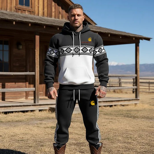 🔥𝗖𝗹𝗲𝗮𝗿𝗮𝗻𝗰𝗲 𝗦𝗮𝗹𝗲🌟Men's Vintage Black And White Ethnic Aztec Pocket Hoodie And Sweatpants Jogger Set