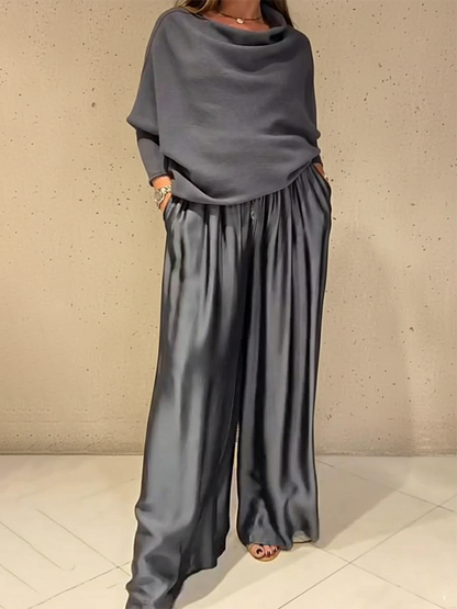 🔥Summer Arrivals🌟Elegant Off-shoulder Sweater and Satin Wide-leg Pants Two-piece Suit