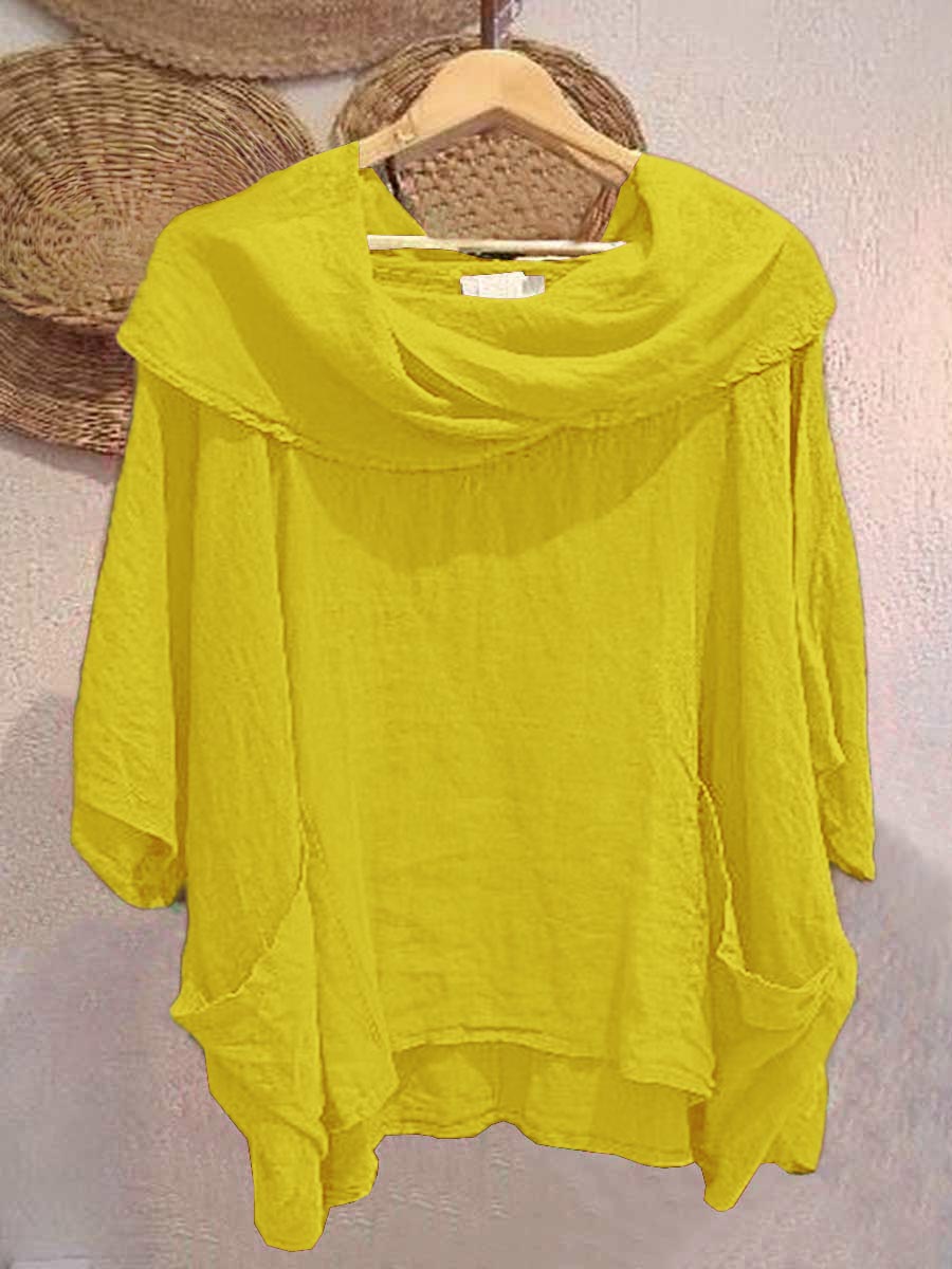 🔥Summer Arrivals🌟Women's Solid Color Draped Neck 3/4 Sleeve Comfortable Casual Linen Pocket Top