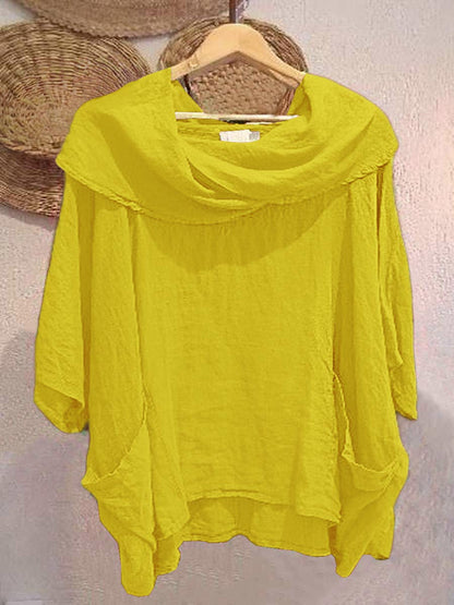🔥Summer Arrivals🌟Women's Solid Color Draped Neck 3/4 Sleeve Comfortable Casual Linen Pocket Top