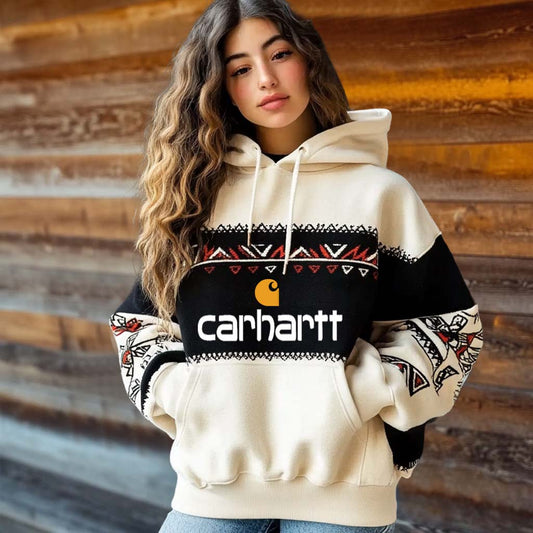 🔥𝗖𝗹𝗲𝗮𝗿𝗮𝗻𝗰𝗲 𝗦𝗮𝗹𝗲🌟Women's Vintage Ethnic Color Block Pocket Oversized Long Sleeve Hoodie