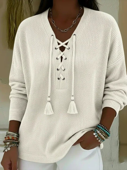 🔥Summer Arrivals🌟Boho Style Casual V-neck Drawstring Tassel Pullover