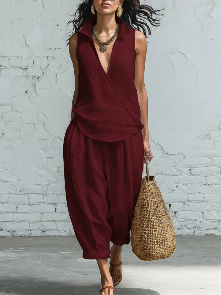 🔥Summer Arrivals🌟Minimalist Collared Shirt And Wide-leg Pant Linen Two-piece Set