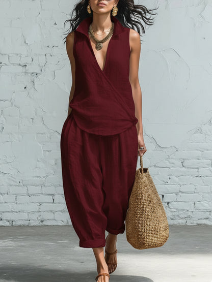 🔥Summer Arrivals🌟Minimalist Collared Shirt And Wide-leg Pant Linen Two-piece Set