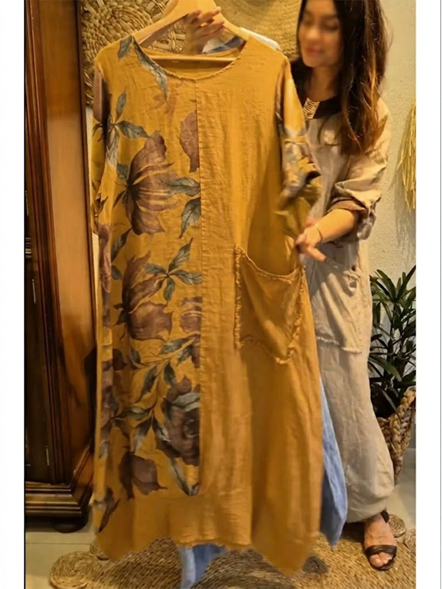 🔥Summer Arrivals🌟Loose-fitting Casual Floral Print Linen And Cotton Dress