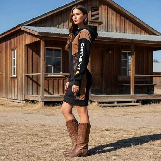 🔥𝗖𝗹𝗲𝗮𝗿𝗮𝗻𝗰𝗲 𝗦𝗮𝗹𝗲🌟Women's Vintage Black And Brown Suede Patchwork Lace Hoodie Dress