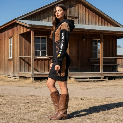 🔥𝗖𝗹𝗲𝗮𝗿𝗮𝗻𝗰𝗲 𝗦𝗮𝗹𝗲🌟Women's Vintage Black And Brown Suede Patchwork Lace Hoodie Dress